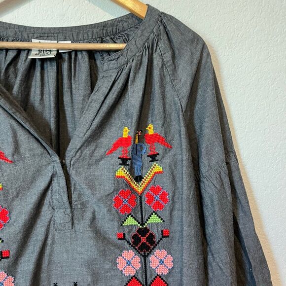 Ivy Jane Gray Floral Embroidered Long Sleeve Split Neck Blouse Women's Medium - Picture 3 of 6
